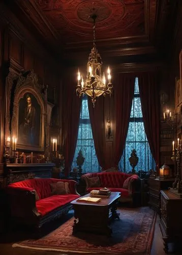 Gothic, mysterious, dimly lit, luxurious interior, dark wood paneling, intricate carvings, crimson red velvet curtains, ornate chandeliers, grandiose furniture, stone walls, stained glass windows, hea