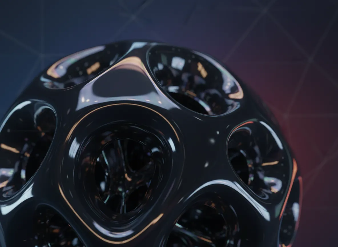 PromeAI द्वारा बनाए गए C4D स्टाइल रेंडर का क्लोज-अप विवरण, जिसमें जटिल प्रकाश प्रतिबिंबों और छायाओं के साथ एक चमकदार सामग्री रेंडर पर प्रकाश डाला गया है।