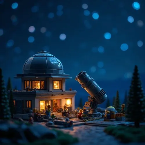 Intricate LEGO observatory diorama at night. The observatory features a detailed building with warm interior lighting visible through its windows, a large domed roof, and a prominent grey LEGO telesco