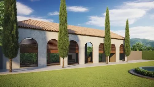 a group of trees line the side of a building,render,carports,peristyle,school design,cloistered,luxury home,cloister,garden elevation,courtyards,landscaped,hacienda,stables,stucco wall,winery,renders,