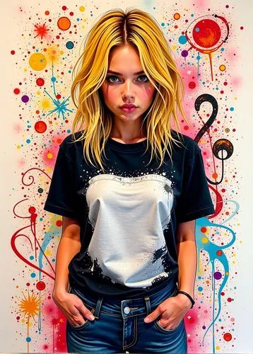 In the center of the screen, a slice of blonde, framed in a black and white t-shirt and matching jeans, gazes intently at the viewer. A brushstroke of colorful hues decorates the scene's features, whi