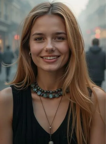 A portrait of a beautiful 22-year-old Caucasian woman with long blonde hair and brown eyes, dressed in a black dress with a high neckline and a necklace, standing in a street at sunset. In the backgro