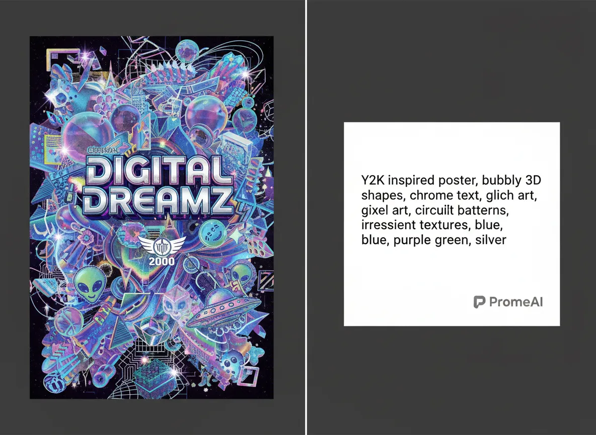 साथ-साथ तुलना जो एक जटिल Y2K-प्रेरित पोस्टर को PromeAI में इसे जेनरेट करने के लिए उपयोग किए गए सरल टेक्स्ट प्रॉम्प्ट के बगल में दिखाती है।