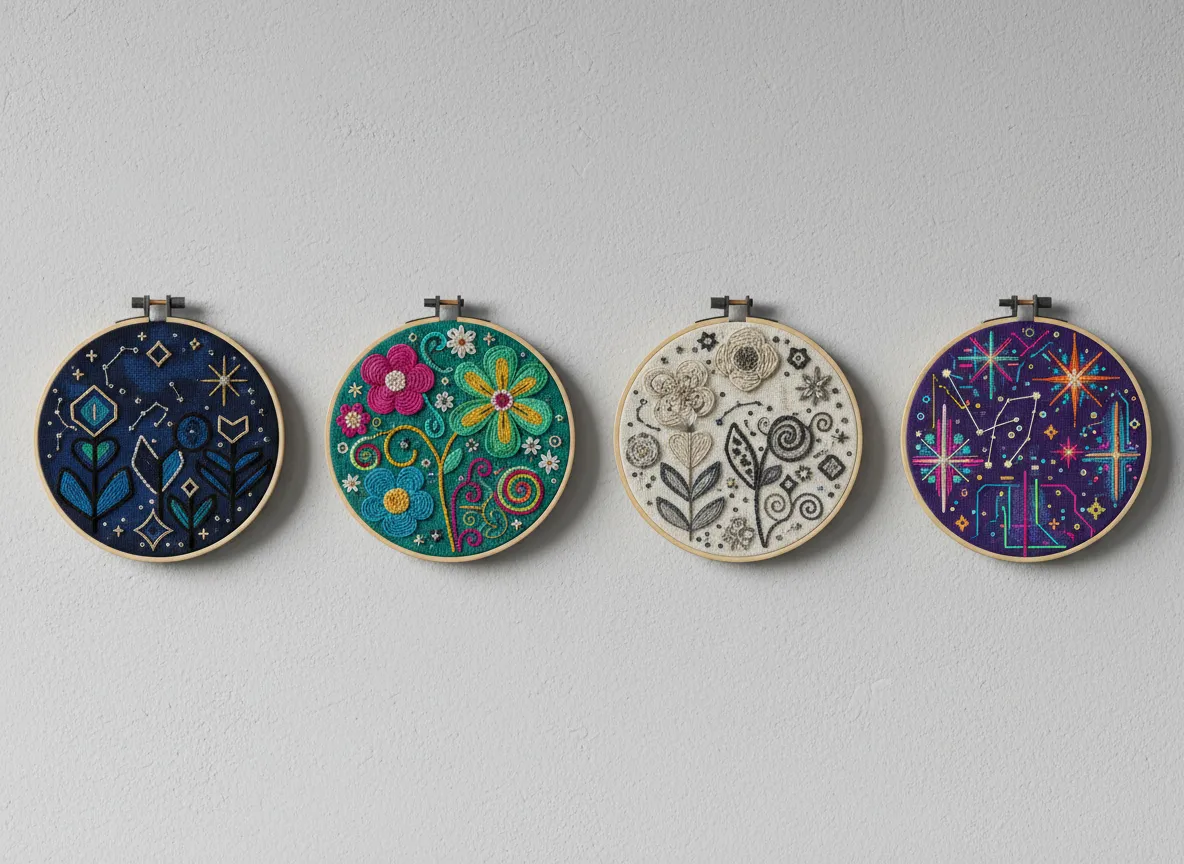 चार अलग-अलग आधुनिक कढ़ाई पैटर्न की एक गैलरी, जो सभी एआई द्वारा उत्पन्न की गई हैं, जो एक ही टेक्स्ट प्रॉम्प्ट से शैलीगत विविधता दिखाती हैं।