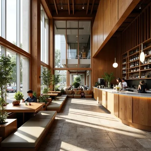 create a view from a student lounge through to a coffee bar with bauhaus colours in the style of lebbeus woods
,a restaurant with wooden walls and a view of the outside,hangzhou,kanazawa,zhangzhou
