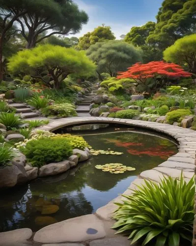 Lush botanical garden, modern landscape architecture, serene ambiance, daytime, sunny weather, vibrant greenery, variety of flowering plants, meandering stone pathways, ornate wooden bridges, tranquil