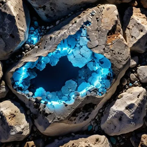 roccia spaccata nera con all'interno minerali blu fluorescenti ,a bright blue substance in rocks near the ocean,geode,fumarole,apatite,topaz,mineral,blue slag,stone background,hydrothermal,rock crysta