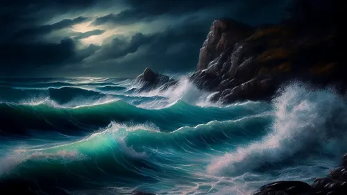 a picture of a large ocean with rocks and waves,sea storm,stormy sea,siggeir,ocean waves,rogue wave,tidal wave,seascape,seascapes,sea landscape,charybdis,northeaster,oceano,emerald sea,crashing waves,