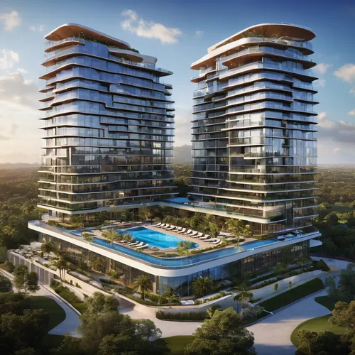 Two 14 stories, solor glass, renewable energies,  triangular outer buildings, one separate 14 stories octagonal center building, three pools, one rooftop deck pool, balconies on one building, golf cou