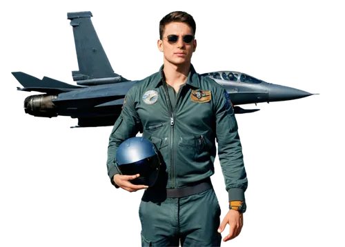 Male pilot, air force uniform, aviator sunglasses, short hair, serious facial expression, muscular arms, holding helmet, standing in front of fighter jet, metallic material, sleek design, morning sunl
