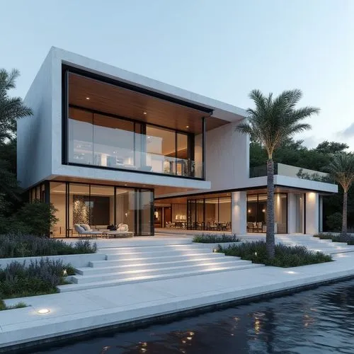 A hyper-realistic, high-resolution architectural photograph capturing a grand, ultra-modern luxury mansion at twilight. The building’s façade is composed of smooth white stone panels contrasted with s