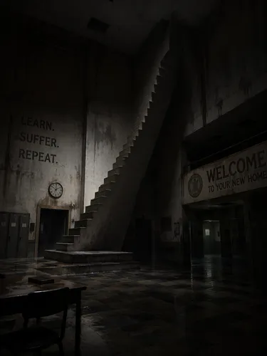 a strange school with a bizarre stairway that goes up and nowhere, dark atmosphere
,this is an image of a stairwell inside a building,asylum,sanatorium,sanitarium,abandoned school,condemned,empty hall