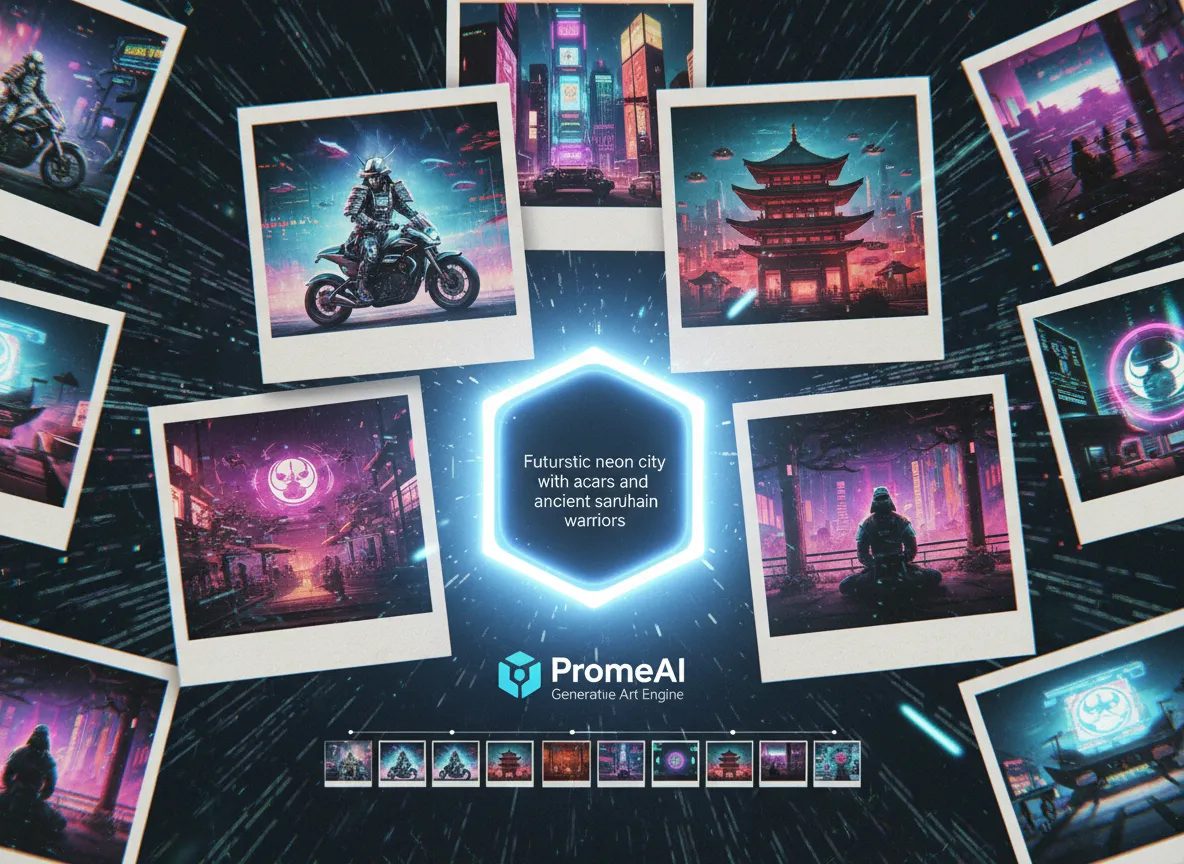 Un collage in fast-motion che mostra molteplici design di poster in stile Polaroid generati da PromeAI da un singolo prompt di testo.