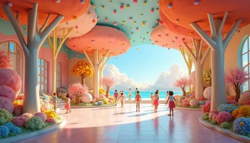 A vibrant ice cream factory with expansive, open areas and large, brightly colored walls. ice cream-shaped treesThe ceiling is decorated with ice cream horns,many trees, and large windows allow natura