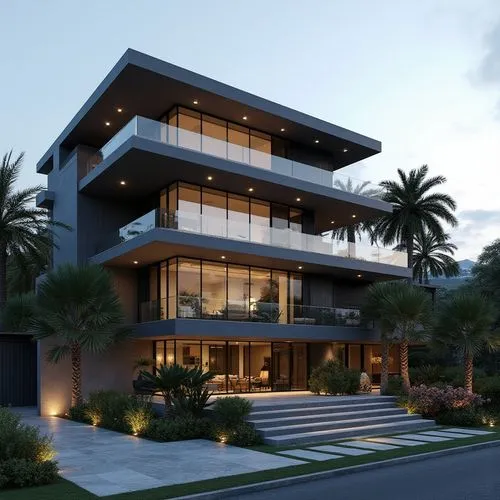 A hyper-realistic, high-resolution architectural photograph of a multi-level, contemporary luxury residence featuring a sleek, geometric design. The exterior is composed of smooth, matte charcoal-gray