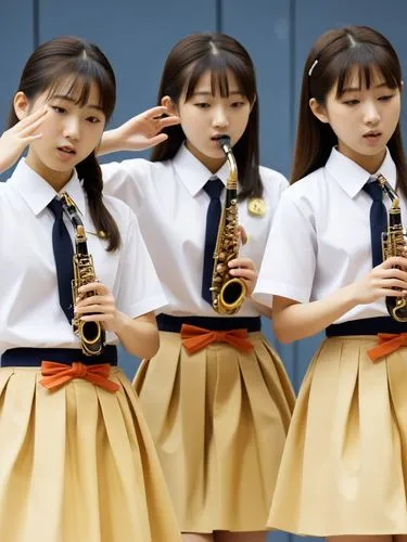 Japanese schoolgirls making music.,four female schoolgirls with ties on and holding their instruments,euphoniums,oboists,euphonium,flautists,flutists,adumin