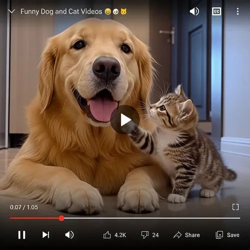 a big golden retriever dog and small kitten on a tv,video player,video sharing,dog and cat,movie player,video chat,look at the dog,animal film,funny animals,for pets,dog puppy while it is eating,video