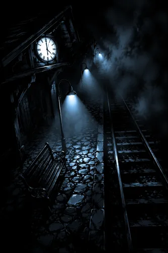 Graphic gothic comic illustration of a fog-choked train platform at night, viewed from a steep bird's-eye angle. Deep black shadows swallow most of the scene, broken only by a stark glowing clock atop