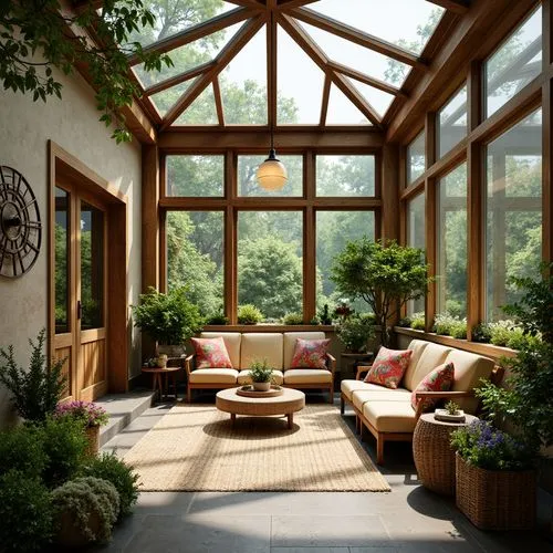 Vibrant sunroom, lush greenery, natural stone flooring, wooden accents, cozy plush furniture, colorful throw pillows, rustic metal decorations, earthy tone walls, large skylights, warm soft lighting, 