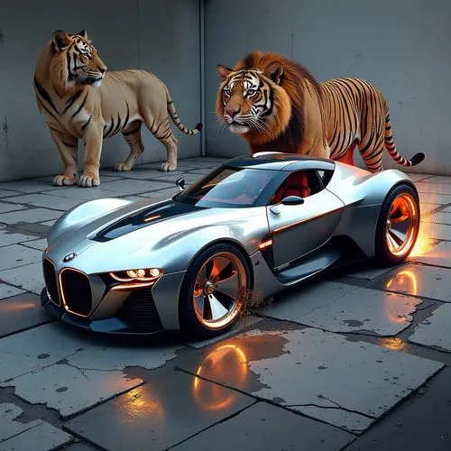 some very cute furry animal on a car in the street,tigor,concept car,bugatti chiron,electric sports car,maclaren,hottiger,jaguars,jaguar,stigers,lion white,white tiger,futuristic car,hamann,game car,k