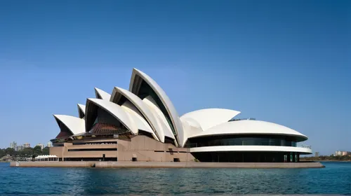 a modern architecture, fish shape,  white exterior, curved lines, consistent style, rainbow,opera house sydney,sydney opera house,opera house,sydney opera,semper opera house,sydney harbour,australia a