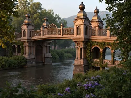 Ornate Baroque bridge, rich jewel-toned color palette, warm golden lighting, intricate stone carvings, ornamental metalwork, majestic arches, rustic stonework, moss-covered walls, serene river waters,