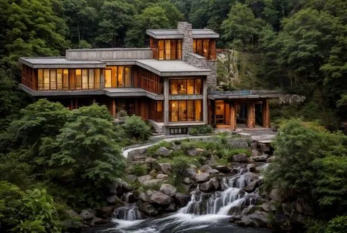 Replace with a tall waterfall
Rock outcropping, hillside with trees and foliage,house in mountains,house in the mountains,the cabin in the mountains,house by the water,beautiful home,house with lake,h