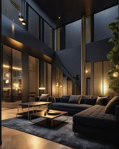 BLACK THEME ,HIGHLY LUXURIOUS MATTE BLACK WITH SOME GOLD INTERIOR ,ULTRA 32K REALISTIC,modern living room,apartment lounge,living room,livingroom,penthouse apartment,loft,interior modern design,modern