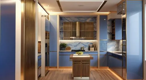 A modern neoclassical kitchen with a luxurious design and a light blue color scheme. At the center of the kitchen, a built-in stovetop is placed on the counter. To the right, there is a sink and a tal