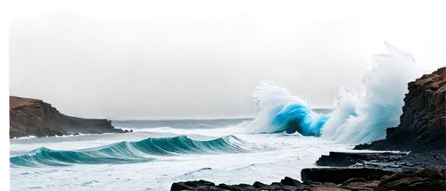 9 composition, ominous mood, electric blue glow, rough sea waves, rocky coastline, solitary figure in distance, windswept hair, water splashes.,the image is showing a huge wave crashing against a rock