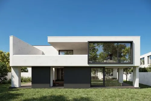 A photo-realistic rendering of a modern, minimalist house with a minimalist design. the house is situated on a grassy area, with a clear blue sky visible in the background. the building is a two-story