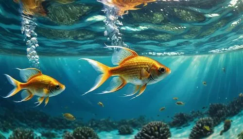  тропические маленькие  рыбки, прозрачная вода океана,  реалистичные отражения,
,two gold fish swimming in water on a sunny day,sea life underwater,underwater background,sea animals,underwater world,u