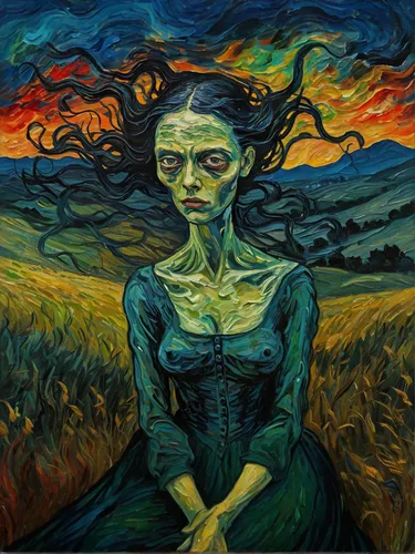 a woman portrait, field, hills, Sfumato and chairoscuro, oil painting, dramatic light, impasto brush strokes of vincent van gogh, Jackson Pollock splatter dynamics, by color waves of edvard munch, mul