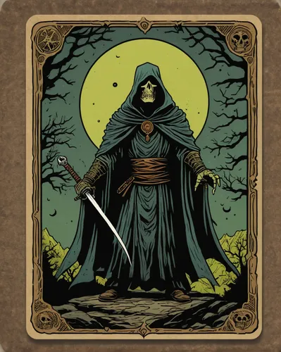horror rectangular trading card template design for a umbral trading card game,,grimm reaper,dance of death,grim reaper,card deck,weaver card,quarterstaff,collectible card game,tarot cards,undead warl