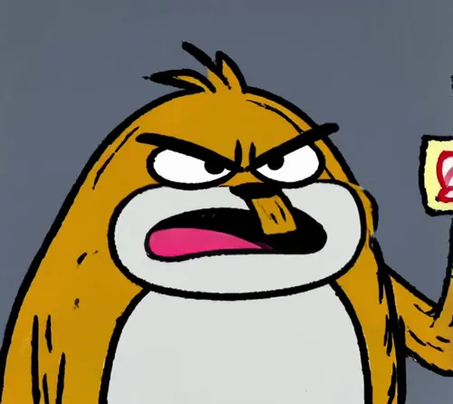 an angry tomota holding a sign "Eat more Meat!", simple background, in the pixar style,penguin enemy,grump,rock penguin,angry bird,angry man,waddles,angry,glasses penguin,penguin,don't get angry,angri