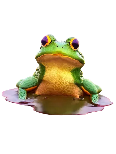 Green frog, solo, sitting, (3yo), big round eyes, yellow belly, webbed feet, smooth skin, camouflage, water lily pad, morning dew, soft sunlight, 3/4 composition, shallow depth of field, warm color to