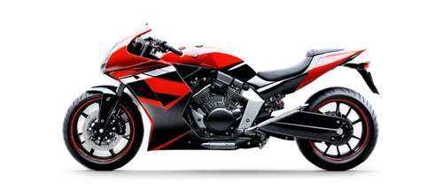 Motorbike, sleek design, shiny metal body, red and black stripes, sporty wheels, aggressive headlight, low-angle shot, dramatic lighting, 3/4 composition, blurred background, dynamic pose, speed motio