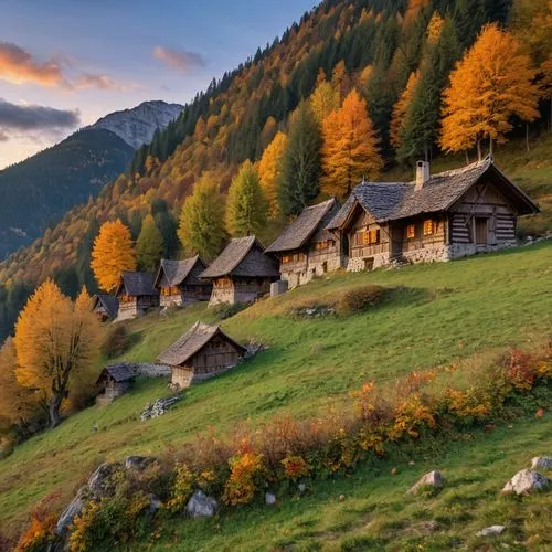 some small medieval huts in a mountain valley. The trees sre avoverd in autumn color leaves. It is dusk and candlelight shines out of the windows,old log cabin on the side of the hill,house in mountai