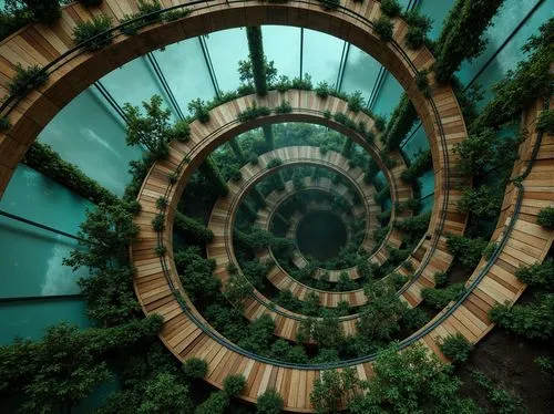 Twisting spiral tower, organic curves, earthy tones, reclaimed wood accents, living green walls, lush vegetation, misty atmosphere, soft natural lighting, dramatic shadows, 1/1 composition, bird's eye