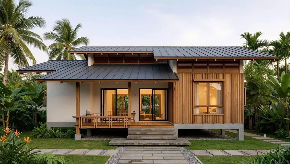 a wooden house with a gray metal roof
