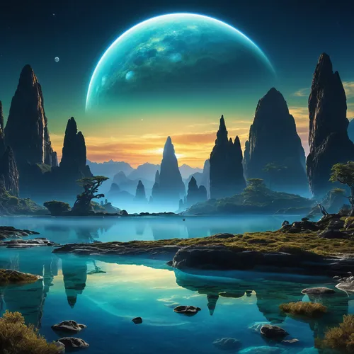some water in front of a large planet with mountains,fantasy landscape,lunar landscape,alien planet,futuristic landscape,alien world,fantasy picture,landscape background,moonscape,cartoon video game b