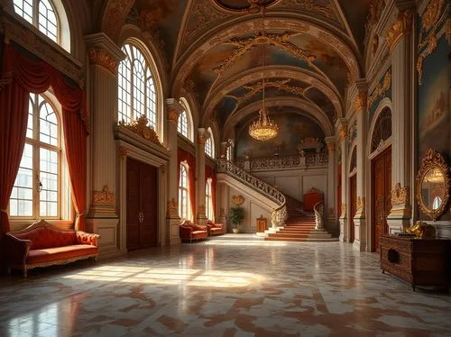 Grand Renaissance palace, ornate stone carvings, intricate marble floors, high ceilings with fresco paintings, large stained glass windows, velvet drapes, grand staircase, Baroque style furniture, lux