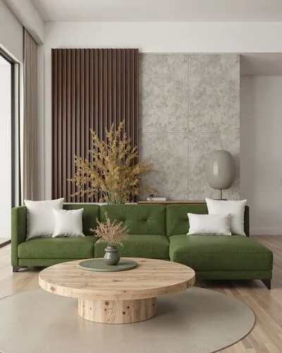 A minimalist living room with clean lines and a soothing neutral palette. The space is decorated with a sleek green sofa, a round wooden coffee table, and modern accents such as a textured concrete wa