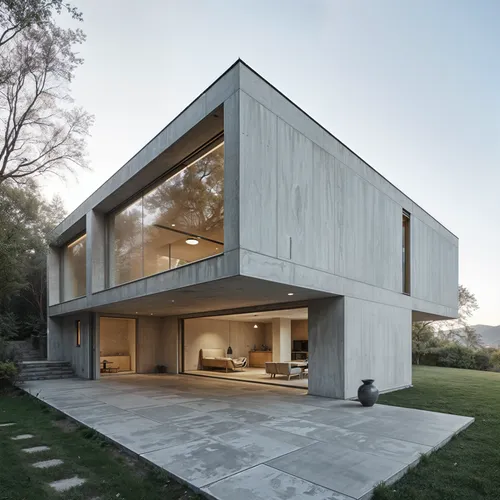 Modern Villa, Modern, Play of light, Smooth concrete,large concrete building with a patio in front of it,siza,modern house,associati,exposed concrete,cubic house,cube house,dunes house,modern architec