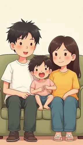 艺术家Yeoniu Choi风格，简笔画，卡通，粗线条勾勒，爸爸妈妈和3岁的儿子，并排坐在沙发上。可爱温馨，家庭氛围感十足。治愈系画风格，简洁，干净，颜色鲜艳，彩色动漫线稿,two people sitting on the couch with their children,babyfirsttv,happy family,cute cartoon image,babycenter,surrog