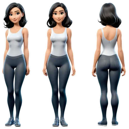 Create only high resolution images, pixar 3d, 4k, character sheet style, like a paper doll, A pose style. She must be wearing just thin gray pantyhoose.  Show front and back view, side to side. Her bo