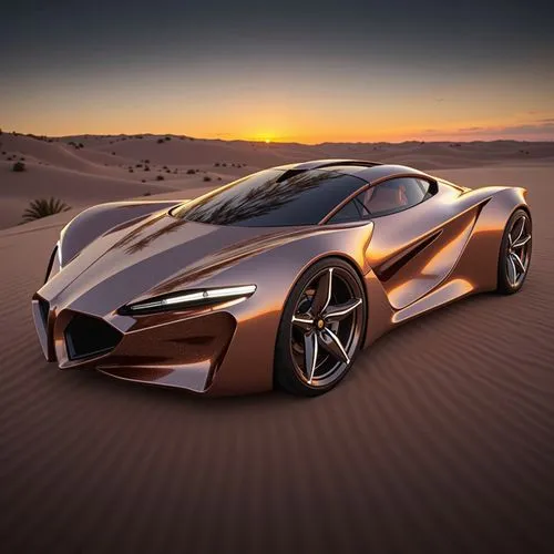 A luxury autonomous concept car parked in a serene desert landscape during sunset. The vehicle has a minimalist design with flowing curves, a glass canopy roof, and shimmering rose-gold bodywork. Insi
