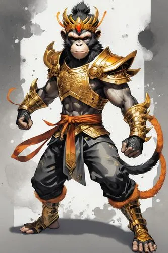 Diesel-punk hip-hop monkey king in diesel-punk armor, full body fighting pose. traditional wet ink and watercolor painting style. black, grey, orange, and metallic gold ink. gestural speed paint by ar