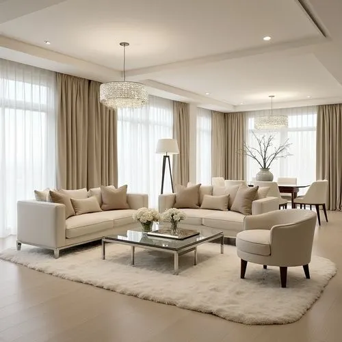 A luxurious and bright modern living and dining room featuring a soft beige and cream color palette, with a warm and inviting ambiance, the living area includes two large cream-colored sofas arranged 