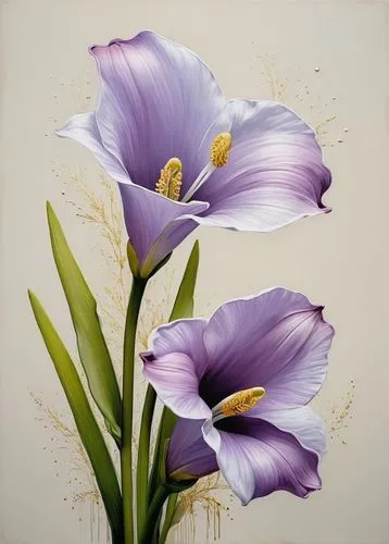 Two large, lilac cala dominate the picture, with circular, slightly open petals that are kept in a soft white. The petals are nuanced in different shades of white and cream, with a textured, almost re